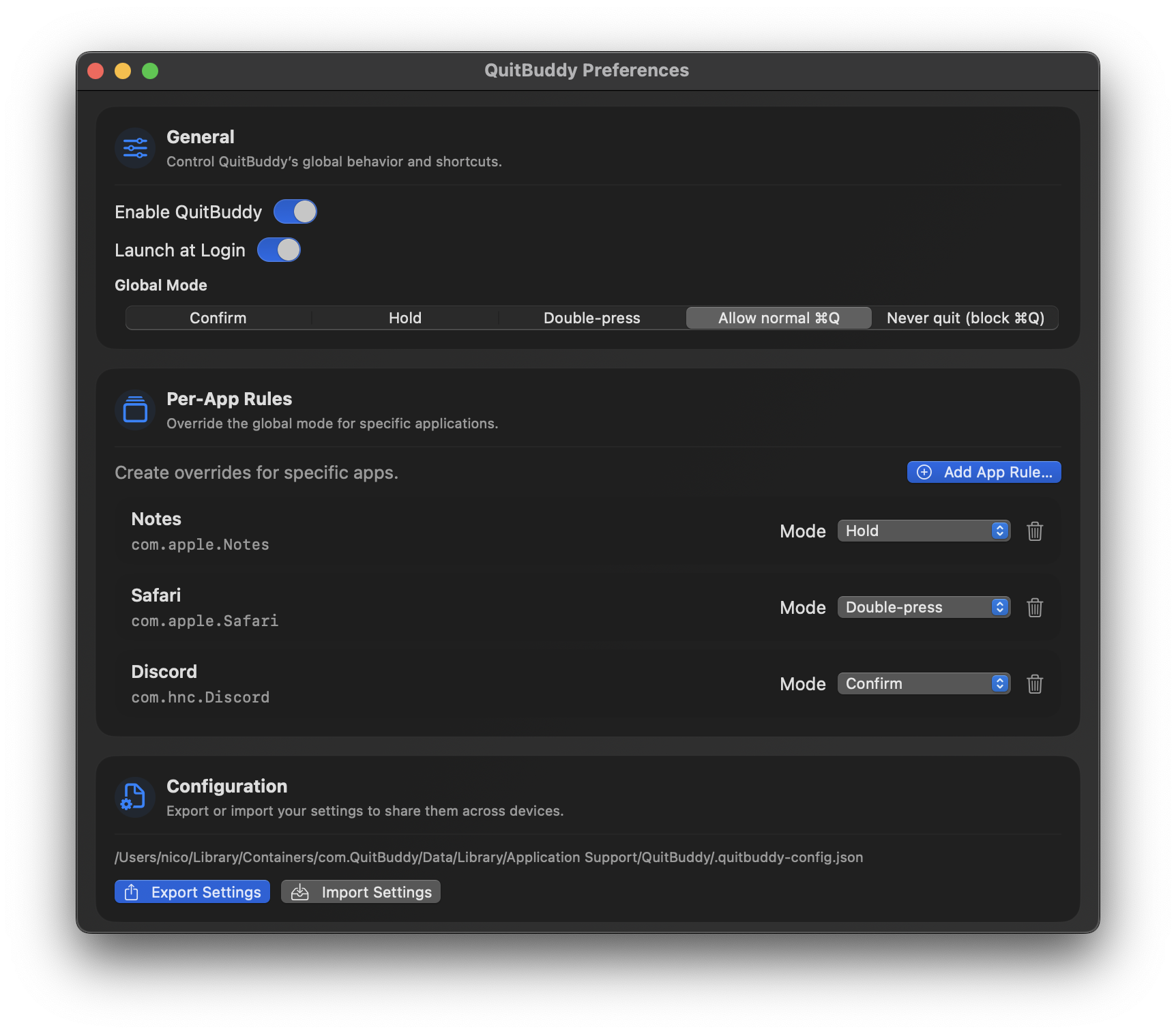 QuitBuddy preferences window